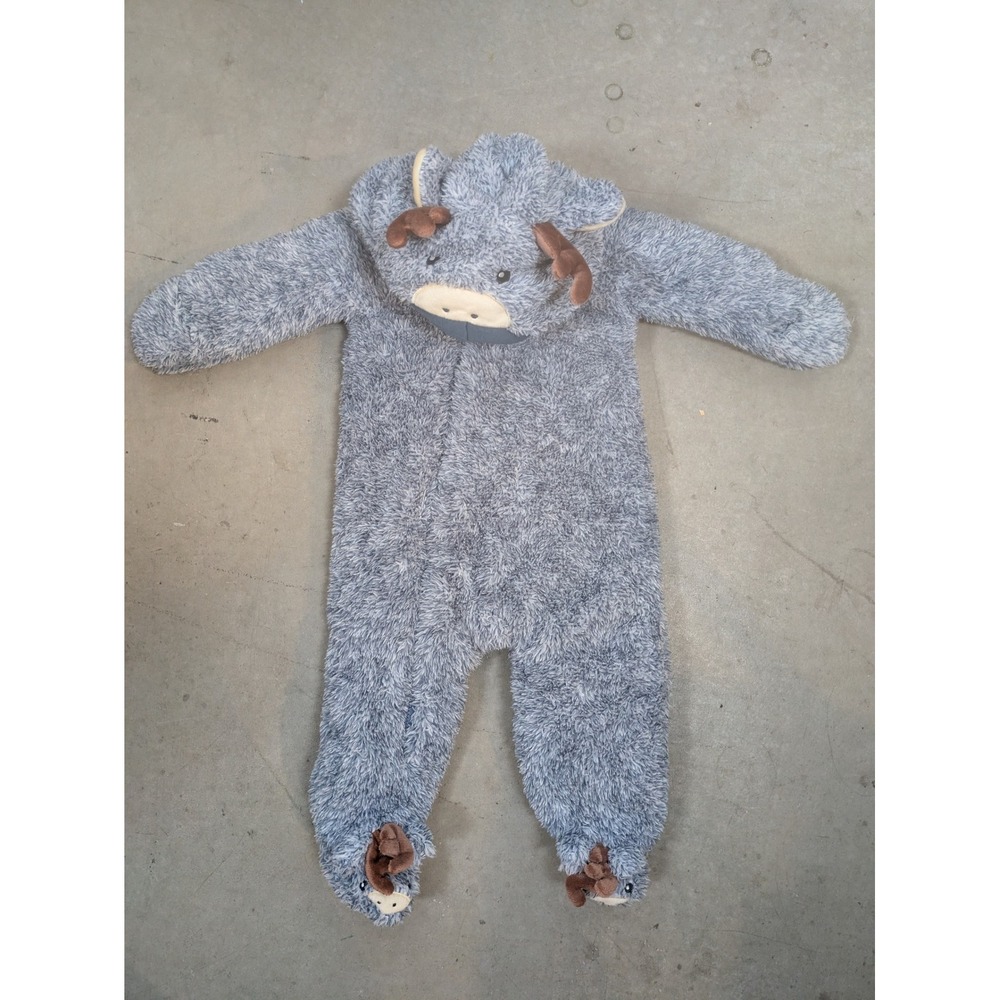 Koala Baby Hooded Footed Sleeper Kid's 6-9M Gray Moose Faux Fur Plush Zip